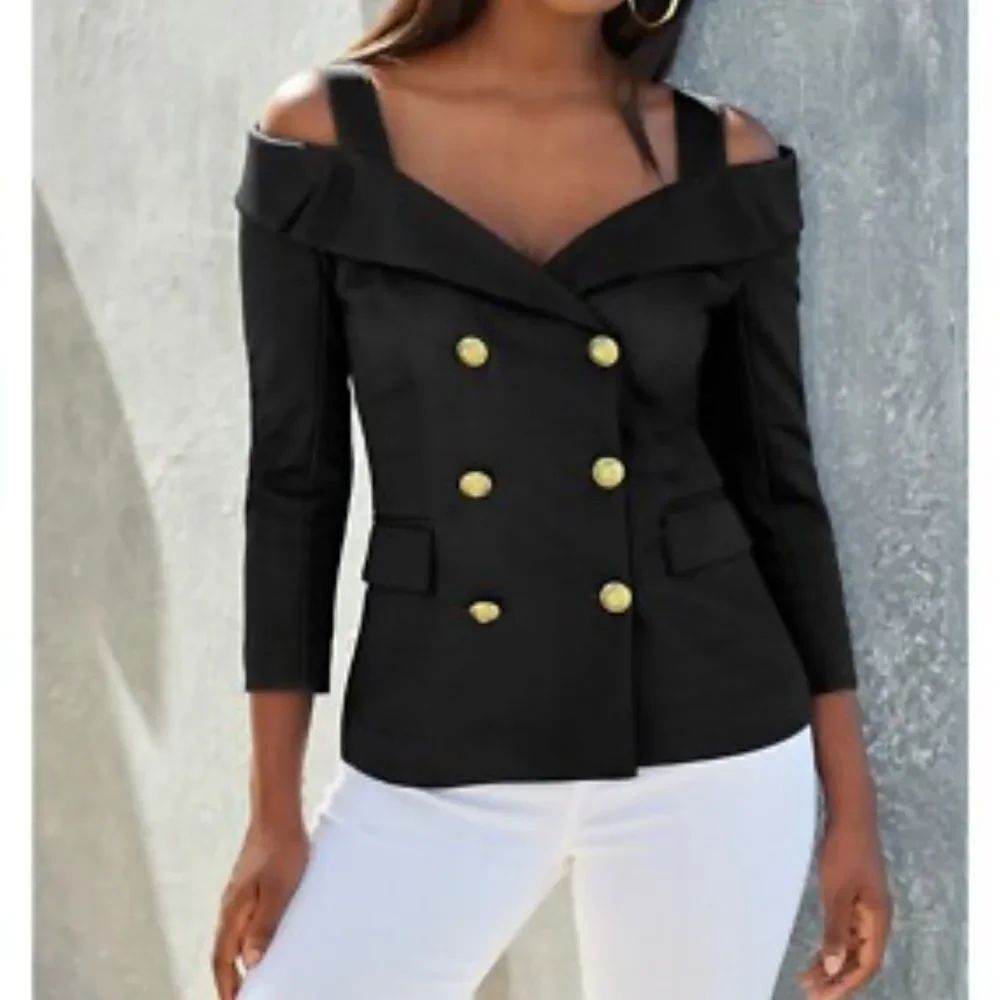 Alexia Admor Black Off-Shoulder Blazer with Gold Buttons